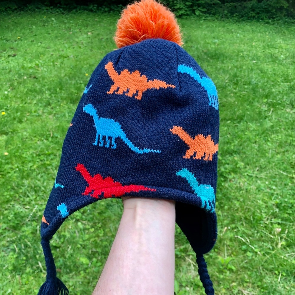 Winter Knit Earflap Hat with Flannel Lining in Navy Blue with Colorful Dinosaurs